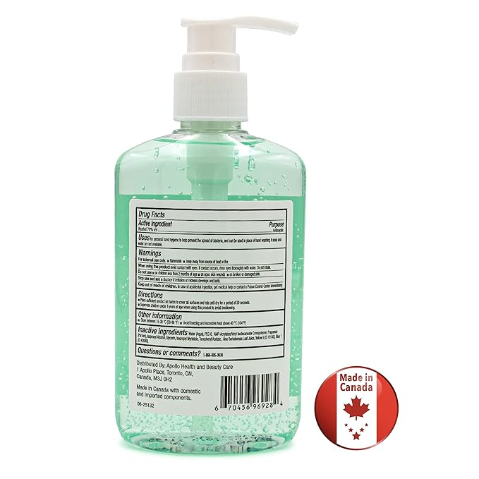 | 70% Ethyl Alcohol with Aloe and Vitamin E, Hand Sanitizer Gel | Made in Canada | 8-oz Bottle, 12-Pack | with Pump