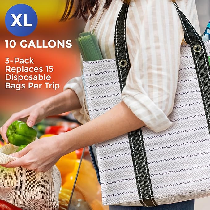 Creative Green Life 3 Pack Heavy Duty Reusable Grocery Bags with Hard Bottom & Strong Handles – Foldable, Durable, Easy to clean, Water-Resistant & Multi-Purpose (Gray Stripes)