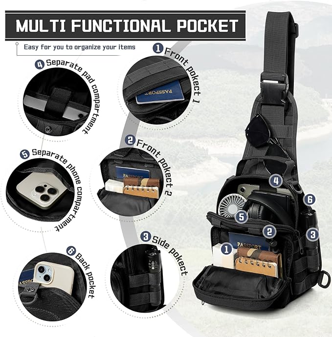 Small Black Sling Bag Backpack for Men, Waterproof Military Crossbody Bags Shoulder Backpack, Crossbody Concealed Carry Bag Chest Pack for Hiking Range Gym Outdoor Sports Every Day Carry