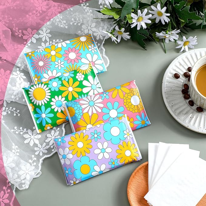 PerKoop 100 Pack Pocket Tissues Travel Slim Packs Small Facial Tissues Wallet Size Toilet Paper for Travel Guest Wedding Supplies, 4 Styles(Daisy)