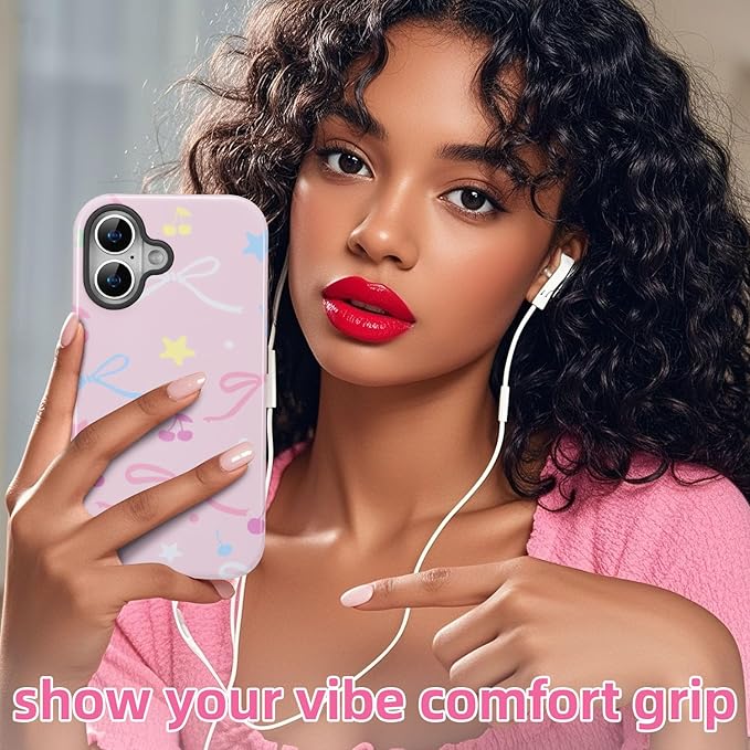 QLTYPRI Case for iPhone 16 Plus, Aesthetic Colorful Bow Cherry Stars Phone Case for Girls Women, Protective Hybrid 2-Layer Hard Shell Silicone Cover Durable Shockproof Phone Cover - Pink