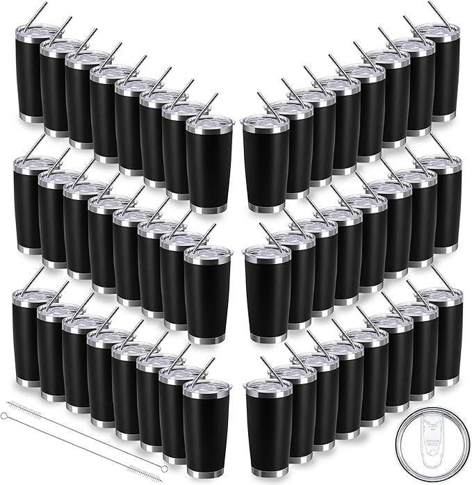 20oz insulted tumblers stainless steel cup Tumbler Bulk with push Lid, and metal straw powder coated coffee cup for cold and hot drinking (48, black)