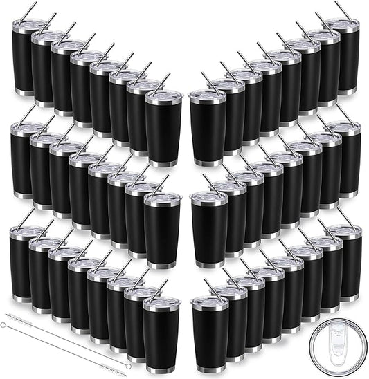 20oz insulted tumblers stainless steel cup Tumbler Bulk with push Lid, and metal straw powder coated coffee cup for cold and hot drinking (48, black)