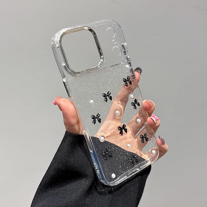 EYZUTAK Case for iPhone 17 Pro, Bling Glitter 3D Bowknot Phone Case Cute Sparkly Crystal Clear Bow Aesthetic Design Cover Slim Soft Durable TPU Transparent Protective Cover for Women Girl - Black Bow