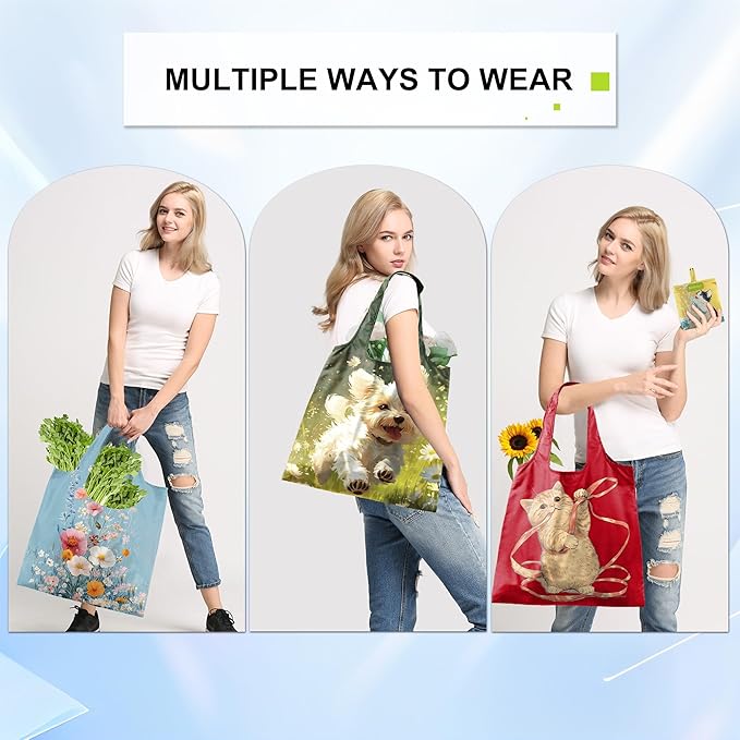 BeeGreen Dog Reusable Grocery Bags 6 Pack, Heavy Duty Totes for Women, Foldable Grocery Bag Large Shopping Totes with Handles for Work, Travel, Gift, Store, Polyester Washable Reusable Tote Bag