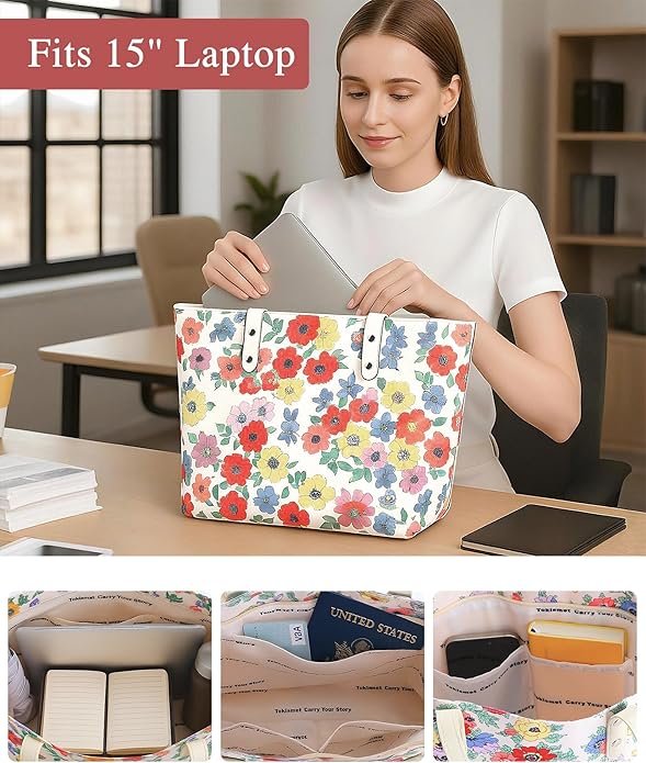 Nylon Tote Bag for Women, Floral 2-in-1 Set with Makeup Bag, Waterproof Large Capacity Shoulder Purse for Travel & Gift