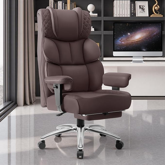 Office Desk Chair, Big and Tall Leather Gaming Chair with Footrest, Wide Ergonomic Comfy Executive High-Back Reclining Computer Chairs, Swivel Rolling Wheels and Padded Lumbar Support,Coffee