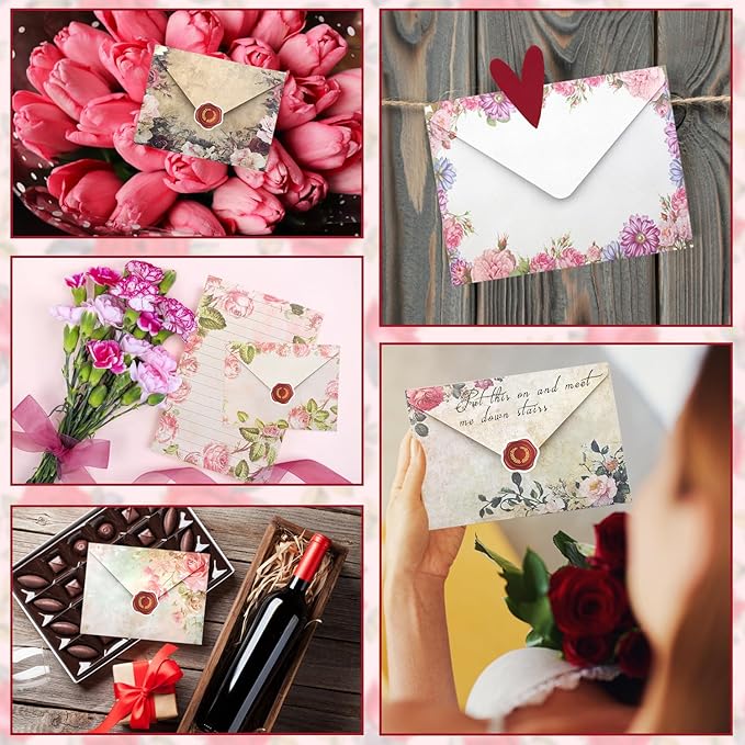 160 Pcs Stationery Paper Set Including 50 Matching Envelopes 50 One Sided Stationery Writing Papers 60 Round Dot Sticker for School Office Supplies,10 Design, 5.5 x 8.25 Inch(Vintage Floral)