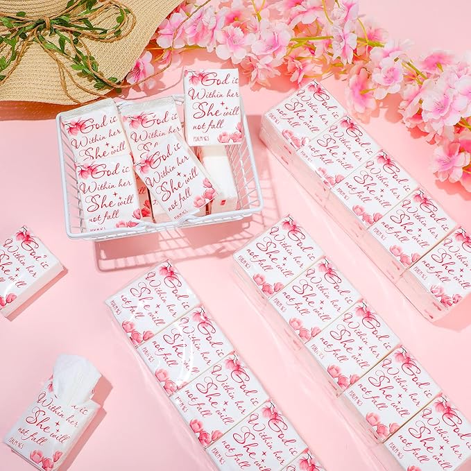 Yinder 100 Pack Christian Pocket Tissues Bible Verse Travel Size Tissue Packs 3 Ply God Is Within Her Facial Paper Gifts for Women Graduation Wedding Religious Party Breast Cancer Awareness Favors
