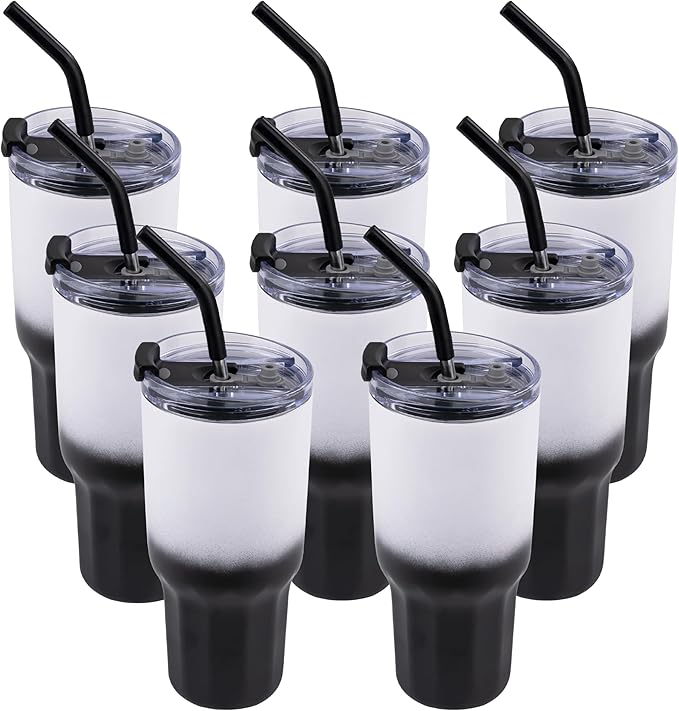 VEGOND 30 oz Insulated Stainless Steel Tumblers with lid and straw Bulk Pack Coffee Mug with Non-Slip Silicone Base, Sweat Proof Powder Coated Cup for Hot Cold Drinks, Black and White 8Pack