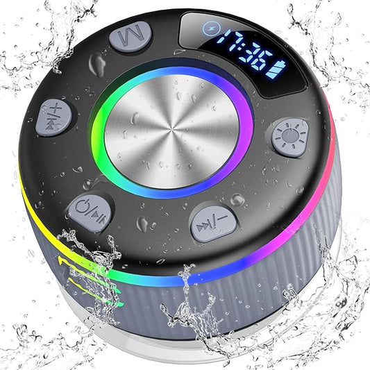 Bluetooth Shower Speaker, Portable Bluetooth 5.3 Speakers Wireless with Time Display, IP7 Waterproof Speakers with RGB Light, Suction Cup, Mini Stereo Speaker for Bathroom Party Beach Outdoor, Gray