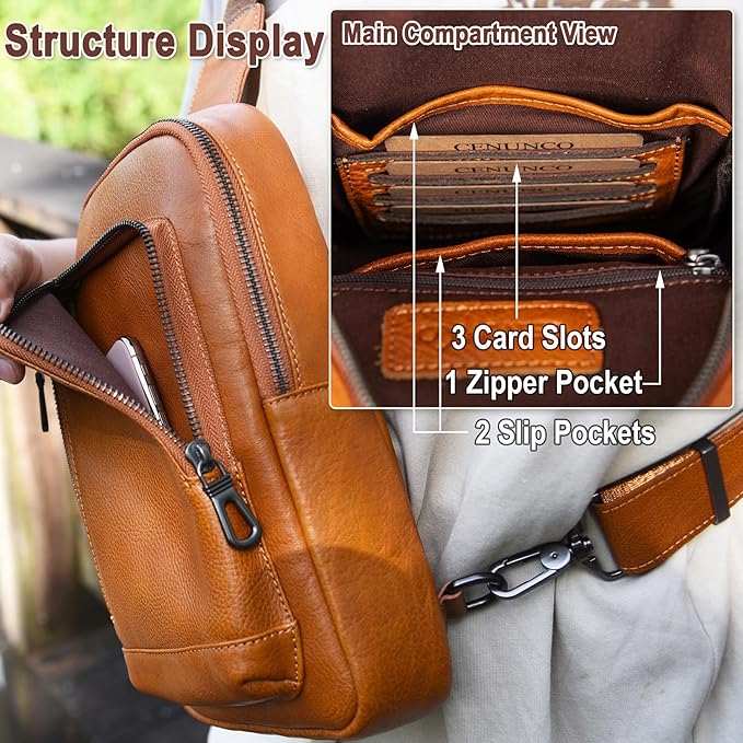Genuine Leather Sling Bag for Men and Women Crossbody Shoulder Purse Chest Sling Backpack Carry on Casual Daypack