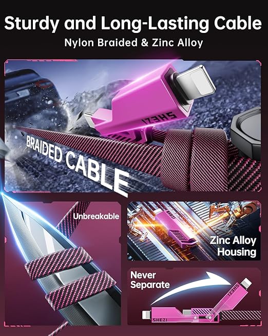 SHEZI [Upgraded 2.0] 4-in-1 USB C Cable 60W 10FT Fast Charging [480Mbps Data Sync] Flat Nylon Braided Charger Cord Combo, USB A/C to C/L Multi Charge Cable for iPhone/iPad & Most Devices, Pink
