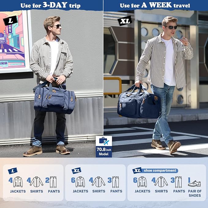 Gonex Canvas Duffle Bag for Travel 60L Expandable Duffel Weekend Overnight Bag men (Blue)