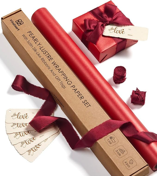 Vitalizart Red Wrapping Paper Set 17" Pearly-Lustre With Silk Like Satin Ribbon & Gift Tags Recyclable Eco-Friendly Christmas Gift Wrapping Birthday Baby Shower Wedding Handmade Crafts 197"(16.4 Ft)