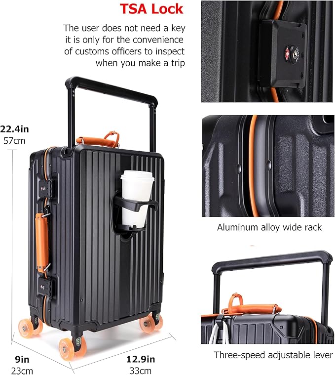 feilario 20" Aluminum Frame Wide Handle Hard Shell Carry On Suitcase - Vivid Colors Double Spinner Wheels Airline Approved Rolling Luggage with TSA Lock & Cup Holder (Black, 20in)