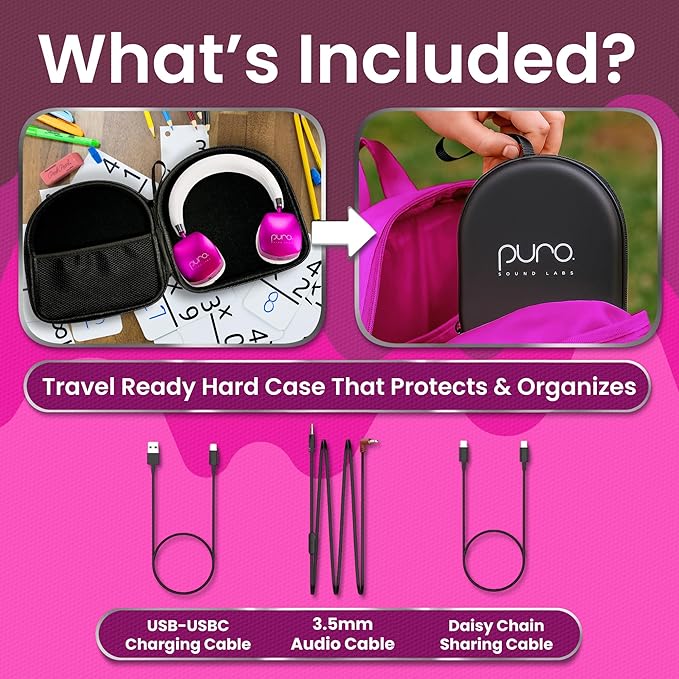 Puro Sound Labs PuroQuiet Plus Noise Cancelling Headphones for Kids, Bluetooth Kids On Ear Headphones with Mic, Lightweight On-Ear Design, Studio-Grade Sound (Pink)
