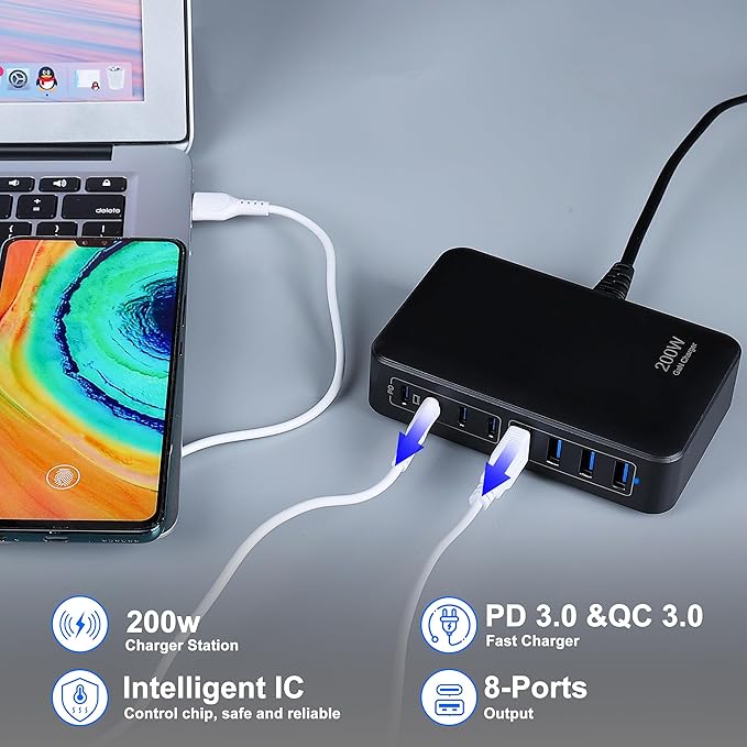 GaN 200W 8-Port USB Fast Charging Station | PD 65W Laptop & Multi-Device Adapter | Compatible with MacBook Pro/Air, iPhone 16/15/14, Galaxy S23/22 (Black)