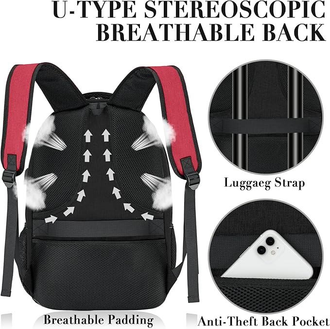 Travel Laptop Backpack for Woman and Men, School Backpack for Teens with USB Charging Port, Waterproof College Back Pack for 15.6 IN Laptop Backpack, Adult Business Computer Travel Backpack, BlackRed