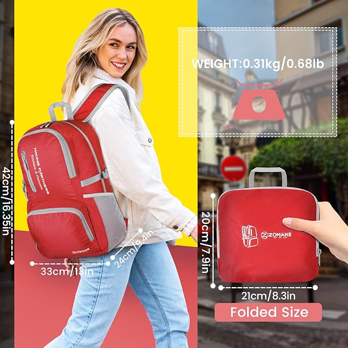 ZOMAKE Lightweight Packable Backpack, 35L Light Foldable Hiking Backpacks Water Resistant Collapsible Daypack for Travel(Red)