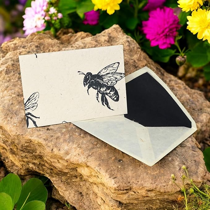Kathmandu Valley Co. Nepali Cherish Greeting Card & Envelope Box Set with Handmade Lokta Paper from Nepal, 15 Cards (Bees)