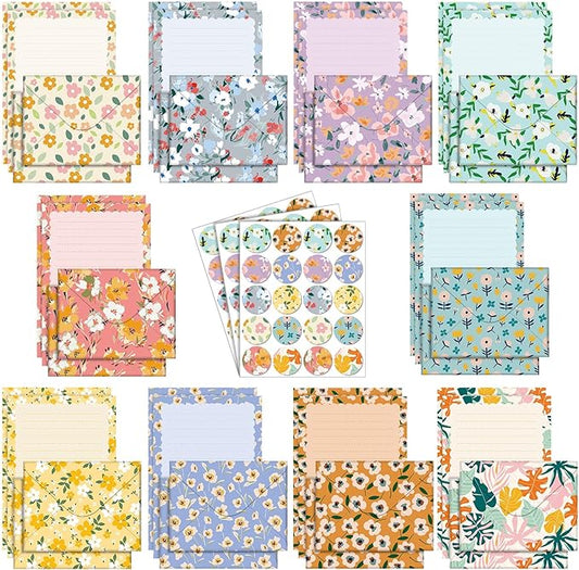TaoBary 160 Pcs Stationery Paper Set 50 Double Sided Stationery Papers with 50 Matching Envelopes and 60 Round Dot Sticker, 10 Design(Kawaii,5.5 x 8.25 Inch)