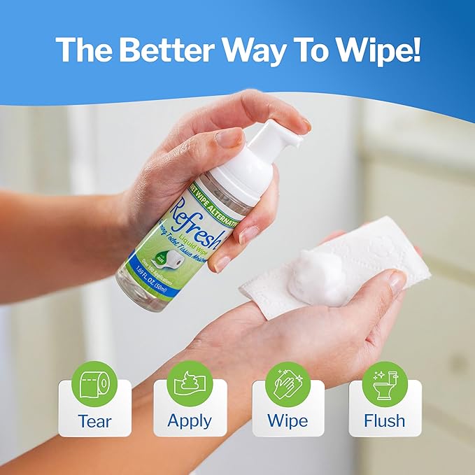 Refresh Liquid Wipe Free: Toilet Paper Foam. Eco-Friendly Flushable Wet Wipe Alternative For Sensitive Skin. Cleanses and Soothes with Witch Hazel and Aloe. Plumbing Safe. 50ml (1.69 Fl Oz).…