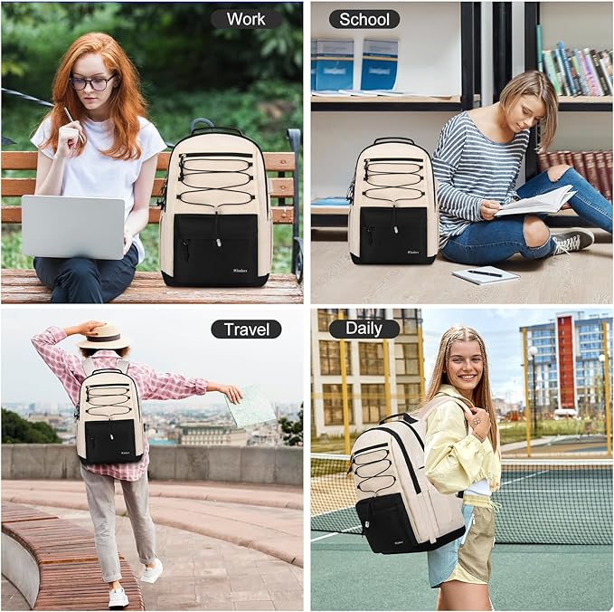 School Backpack for Teens Girls, Aesthetic College Backpack Large Bookbag for Women Students Fashion 15.6 Inch Laptop Bag for Work Travel (Black Beige)