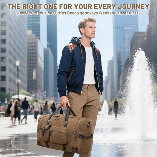 Travel Duffle Bag for Men, Duffle Bag for Travel, Heavy Duty Canvas Duffle, Carryon Bags for Airplanes, Expandable Vintage Overnight Luggage Weekender Bag, Waterproof Anti-tear Travel Bag