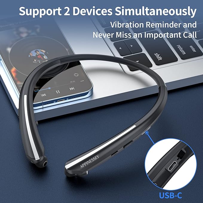 Retractable Neckband Bluetooth Headphones, Wireless Neck Headset with Bluetooth 5.1, 20H Playtime, Dual Device Pairing, Ultra-Light Retractable Earbuds for iPhone/Android with mic (Black)