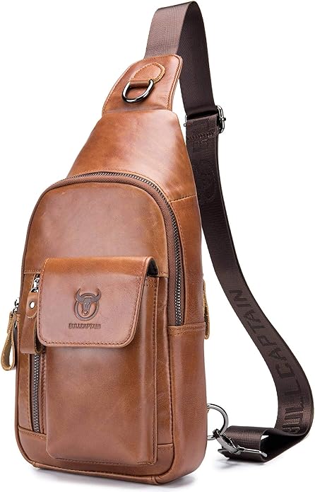 BULLCAPTAIN Mens Leather Crossbody Bag Shoulder Sling Bag Casual Daypacks Chest Bags for Travel Hiking Backpacks
