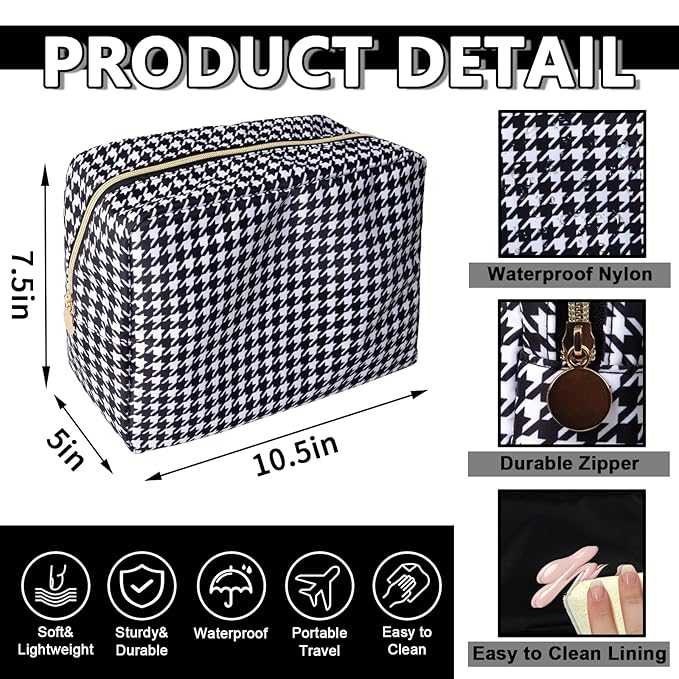 Large Makeup Pouch, Nylon Women Travel Toiletry Storage Houndstooth Cosmetic Bag for Girls, Big Preppy Makeup Organizer Cute Zipper Pouch Skincare Bag for Sport School (Large-Houndstooth)