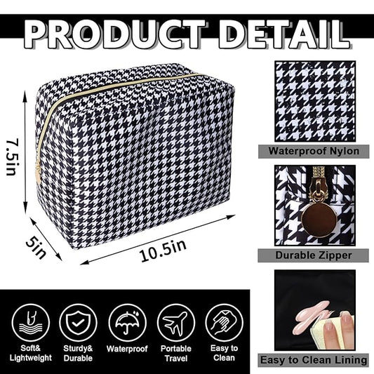 Large Makeup Pouch, Nylon Women Travel Toiletry Storage Houndstooth Cosmetic Bag for Girls, Big Preppy Makeup Organizer Cute Zipper Pouch Skincare Bag for Sport School (Large-Houndstooth)