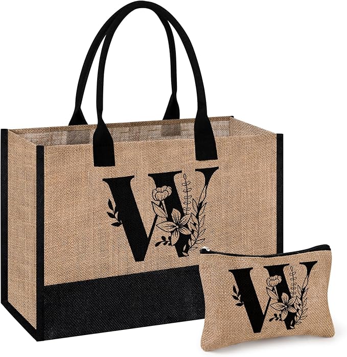AYGE Personalized Initial Jute Tote Bag & Makeup Bag, Beach Bag, Monogrammed Birthday Gifts for Women Sister Mom Bridesmaid