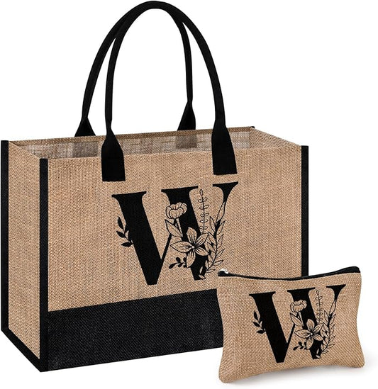 AYGE Personalized Initial Jute Tote Bag & Makeup Bag, Beach Bag, Monogrammed Birthday Gifts for Women Sister Mom Bridesmaid