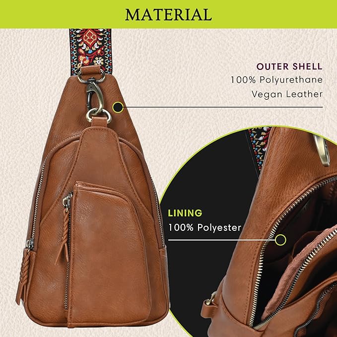 Antik Kraft Tasha Webbing Strap Sling (Tan) | Vegan Leather Crossbody Bag for Women with 16-20" Strap | Sling Bags for Women with Durable Antique Brass Hardware | 7in x 2.5in x 12.5in |