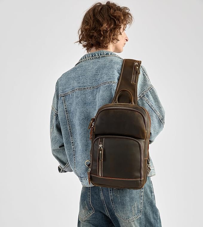 LANNSYNE Full Grain Leather Sling Bag For Men, Crossbody Bag fits 12.9" iPad Crossbody Chest Daypack