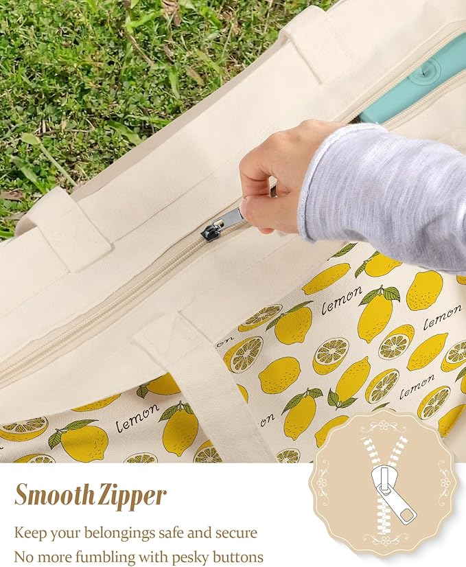 Large Tote Bag for Women - Canvas Tote Bag with Zipper Aesthetic Reusable Shoulder Bag for Gym, Travel, Work