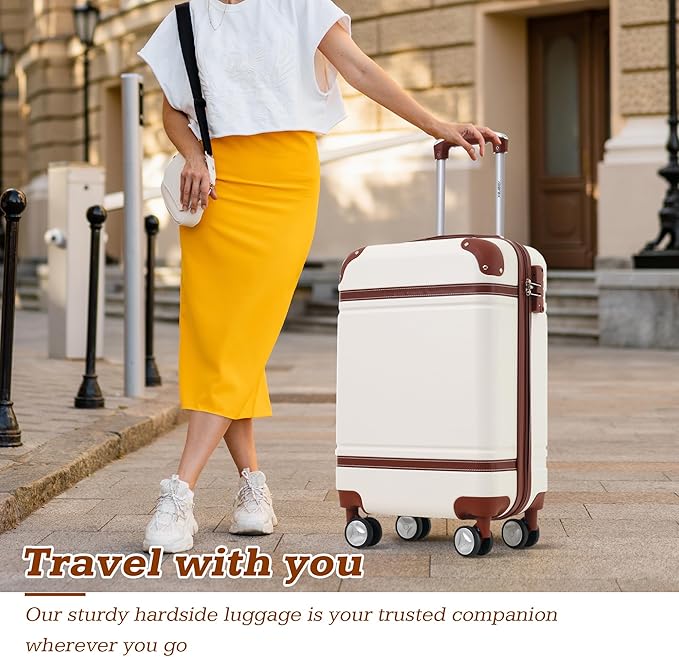 Merax Suitcase Set 24 inches Expandable Luggage with TSA Lock Spinner Wheels Hardshell Lightweight Vintage Luggage with Travel Bag,White
