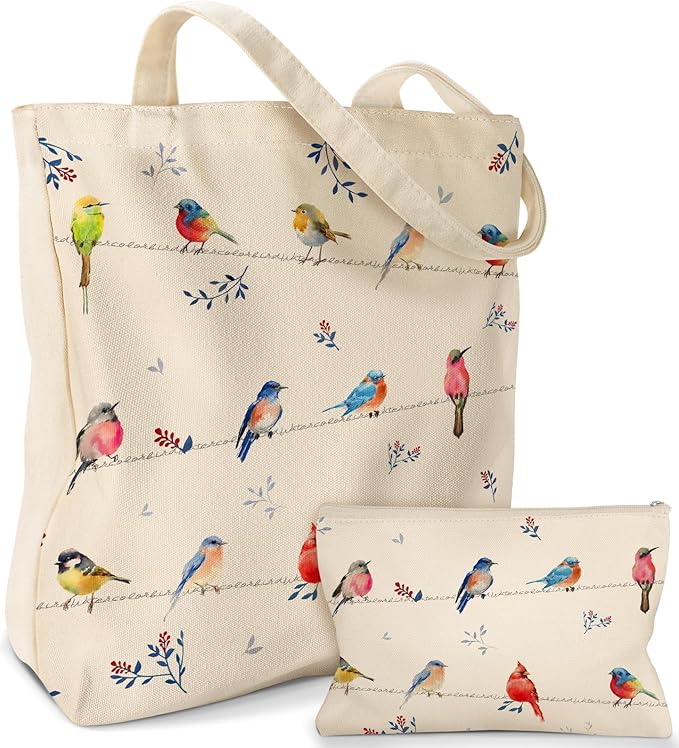 2 Pack Canvas Tote Bag - with Makeup Pouch Aesthetic Cute Women Reusable Canvas Bag for Shopping, Work, Travel