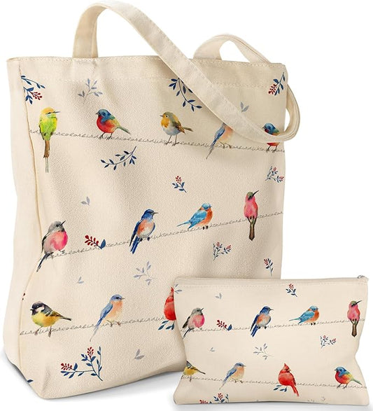 2 Pack Canvas Tote Bag - with Makeup Pouch Aesthetic Cute Women Reusable Canvas Bag for Shopping, Work, Travel