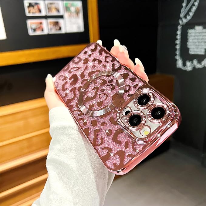 for iPhone 13 Pro Max Case Magnetic,Soft Cute Luxury Leopard Cheetah Pattern Plating Glitter Bling Phone Case Compatible with MagSafe Clear Shockproof Back Cover for Women Girl 6.7"-Pink