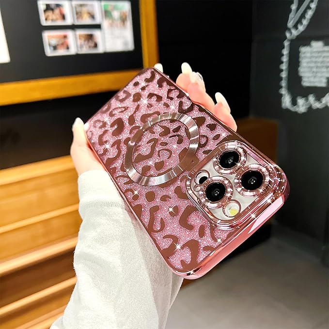 for iPhone 14 Pro Case Magnetic,Soft Cute Luxury Leopard Cheetah Pattern Plating Glitter Bling Phone Case Compatible with MagSafe Clear Shockproof Back Cover for Women Girl 6.1"-Pink