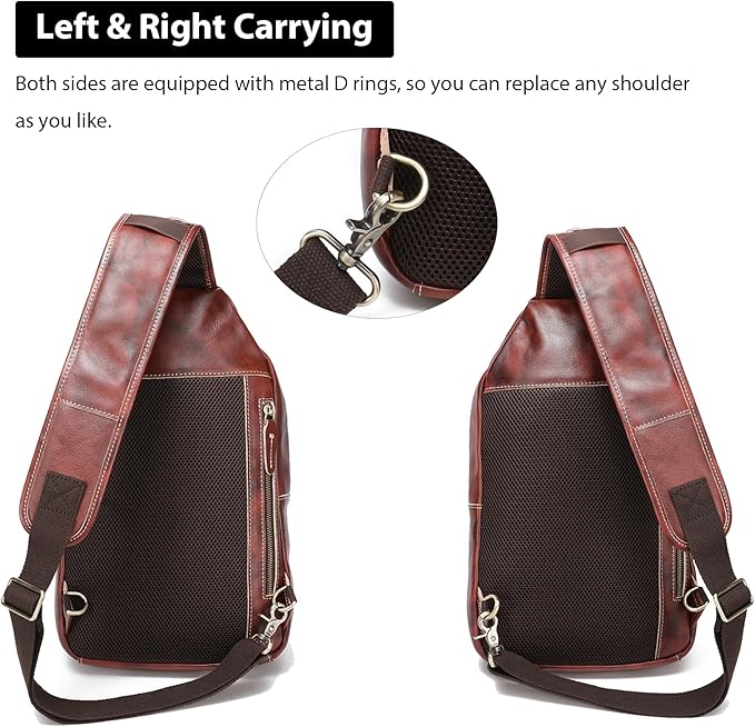 LANNSYNE Full Grain Leather Casual Sling Bag For Men Hiking/Travel/Business Crossbody Chest Bag Fits 12.9" iPad