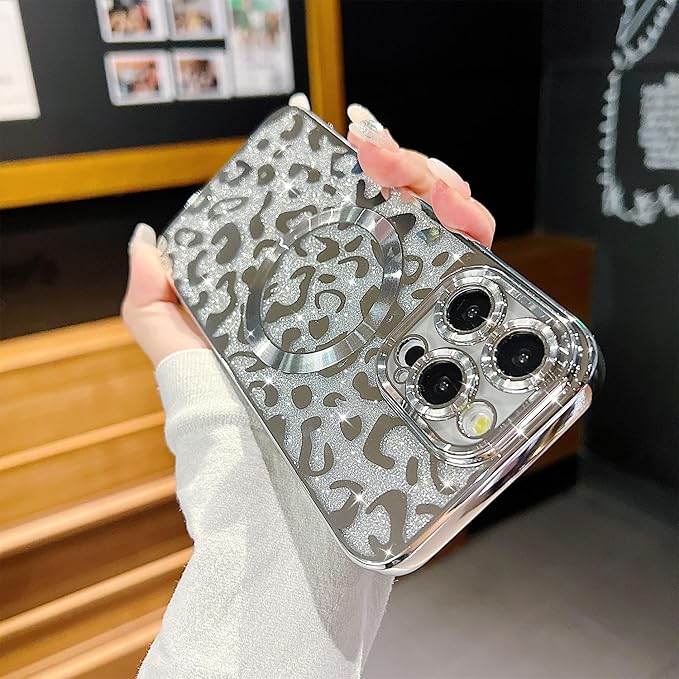 for iPhone 15 Pro Max Case Magnetic,Soft Cute Luxury Leopard Cheetah Pattern Plating Glitter Bling Phone Case Compatible with MagSafe Clear Shockproof Back Cover for Women Girl 6.7"-Silver