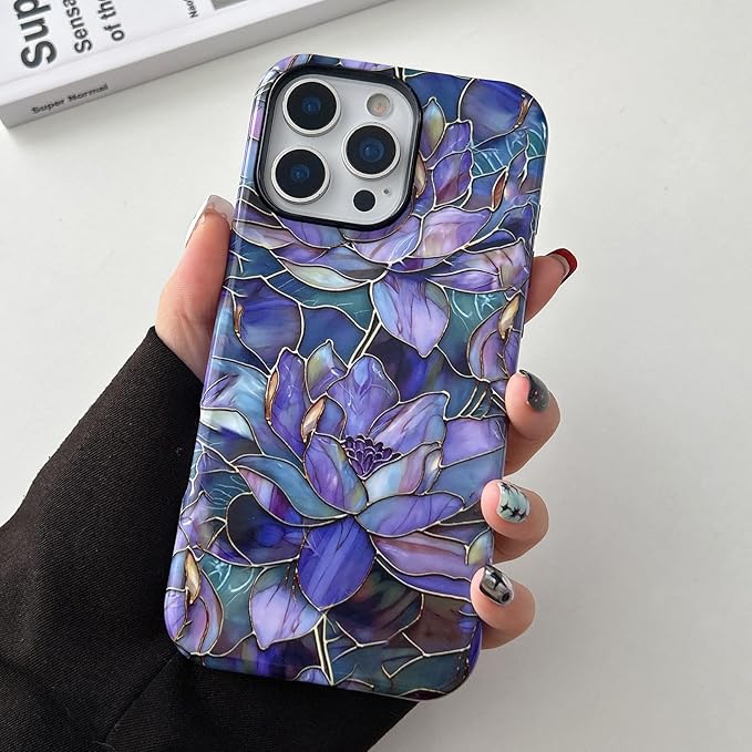 QLTYPRI Flower Case for iPhone 15 Pro Max, Aesthetic Cute Floral Phone Case for Girls Women, Protective Hybrid 2-Layer Hard Shell Silicone Cover Durable Shockproof Phone Cover - Purple Lotus