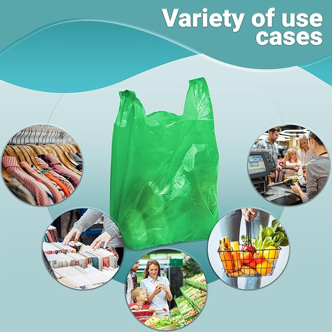 Green T-Shirt Bags, 10 x 5 x 18 Inches. Pack of 1000 Plastic Merchandise Bags, 18 Micron. Unprinted Grocery Bags with Handles. High Density Polyethylene Shopping Bags for Small Business