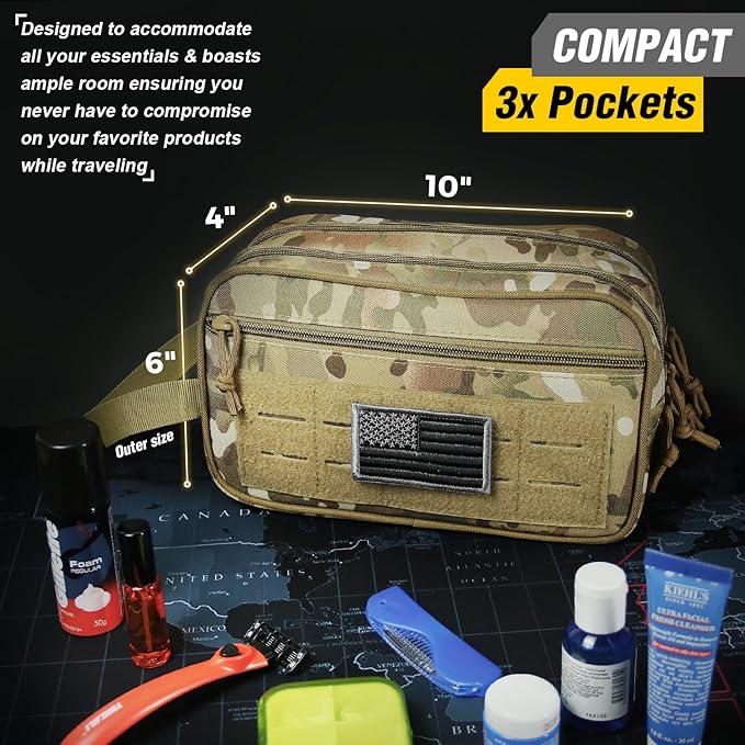 DBTAC Tactical Toiletry Bag for Men | Dry Wet Separate Hygiene Bag Compact Dopp Kit Mens Shaving Kit Travel shower Bag, CP Camo