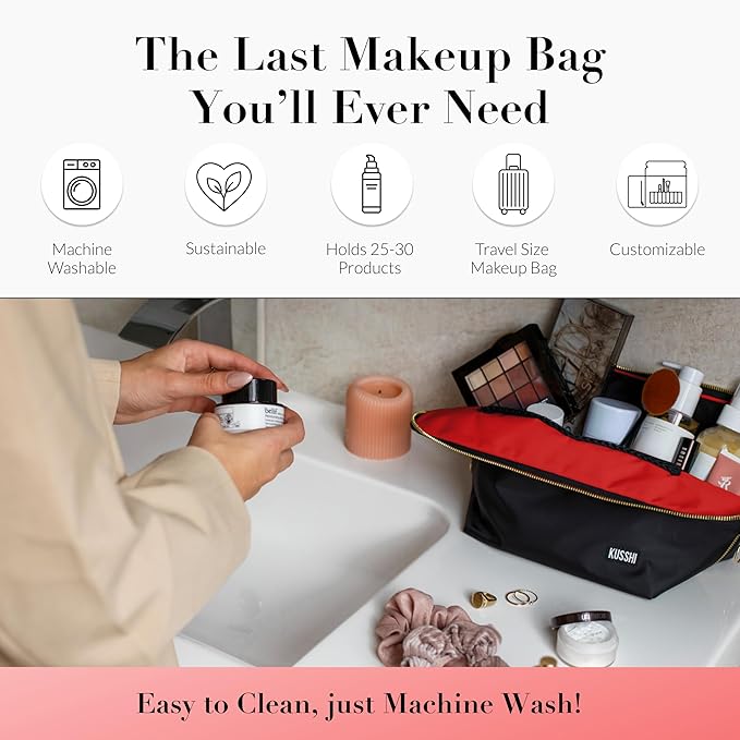 KUSSHI Washable Travel Makeup & Cosmetic Bag - Brush Organizer Sold Separately (Vacationer, Satin Black/Red)