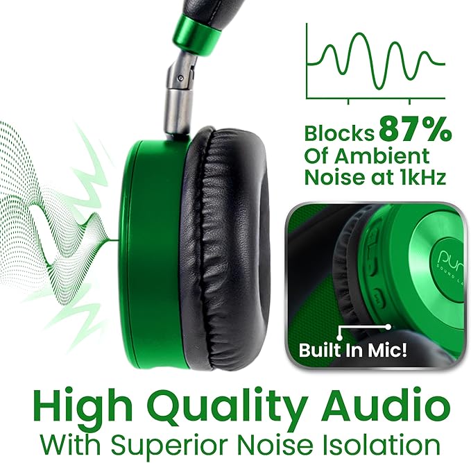 Puro Sound Labs JuniorJam Plus Volume-Limiting Wireless Bluetooth Headphones for Kids, Secure Audio with Adjustable On-Ear Design, 22-Hour Battery, Ideal for Tablets, Smartphones & PCs - Green